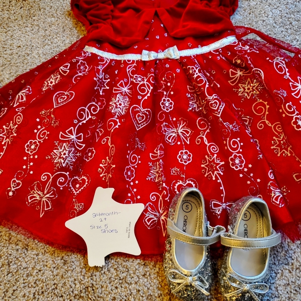 Christmas dress and matching shoes 24 months -2t and shoes are size 5